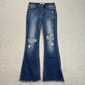 Kancan Jeans WMNS 28 Estilo Ripped Button Fly Wide Leg Raw Hem Mid-Rise Denim